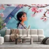 Young girl under an umbrella surrounded by cherry blossom trees in a dreamy watercolor scene.||