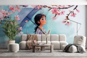 Young girl under an umbrella surrounded by cherry blossom trees in a dreamy watercolor scene.||
