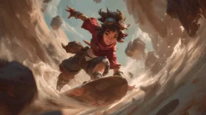 Alternative view of Taliyah - Surfing Adventure in an Otherworldly Landscape Wall Mural