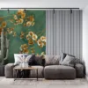 Golden blossoms on a textured teal background||