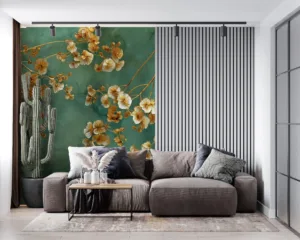 Golden blossoms on a textured teal background||