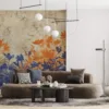 Stylized floral mural in orange and blue hues against a textured background||