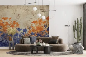 Stylized floral mural in orange and blue hues against a textured background