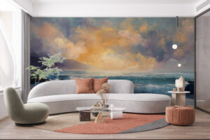A serene seaside sunset with waves crashing against rocks