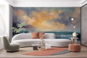 A serene seaside sunset with waves crashing against rocks|showcasing a vibrant sky.|