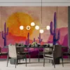 Watercolor desert landscape with cacti and sunset hues||