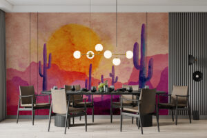 Watercolor desert landscape with cacti and sunset hues