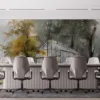 Serene glass greenhouse surrounded by misty trees||