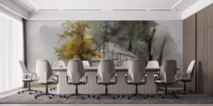Serene glass greenhouse surrounded by misty trees||