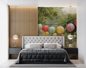 Serene garden with vibrant paper lanterns hanging over a pathway