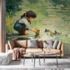 Young girl feeding ducks at a serene pond