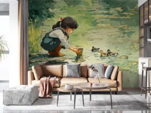 Young girl feeding ducks at a serene pond||
