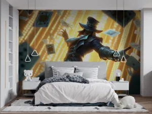 Twisted Fate from League of Legends performing magic with flying cards||