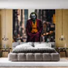 Joker character in urban street setting with vibrant colors and cityscape background.||