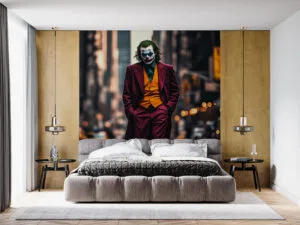 Joker character in urban street setting with vibrant colors and cityscape background.