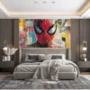 Close-up of Spider-Man in red and blue costume with abstract urban background.||