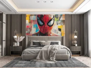Close-up of Spider-Man in red and blue costume with abstract urban background.