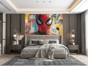 Close-up of Spider-Man in red and blue costume with abstract urban background.||