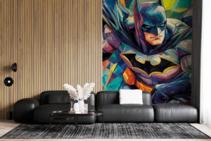 Stylized Batman in a vibrant geometric art style||