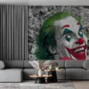Colorful clown character with green hair and playful expression surrounded by comic-style illustrations.||