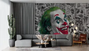 Colorful clown character with green hair and playful expression surrounded by comic-style illustrations.