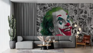 Colorful clown character with green hair and playful expression surrounded by comic-style illustrations.||