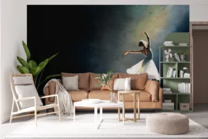 A solitary ballet dancer in a graceful pose on stage with dramatic lighting.||