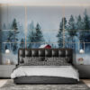 Serene winter landscape with a red cabin and evergreen trees