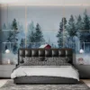 Serene winter landscape with a red cabin and evergreen trees||