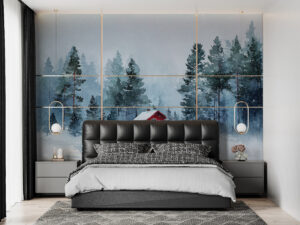 Serene winter landscape with a red cabin and evergreen trees