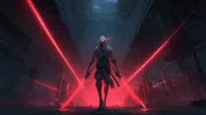 moody environment with red laser lines symbolizing his stealthy abilities.