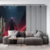 Zed from League of Legends depicted in a dark|moody environment with red laser lines symbolizing his stealthy abilities.|