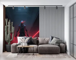 Zed from League of Legends depicted in a dark|moody environment with red laser lines symbolizing his stealthy abilities.|