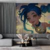 Artwork of Zoe from League of Legends with blue hair and a magical background