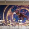 Zoe from League of Legends dancing joyfully in a celestial backdrop filled with golden light and stars.