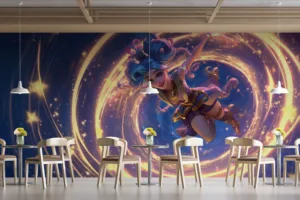 Zoe from League of Legends dancing joyfully in a celestial backdrop filled with golden light and stars.||