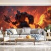 Aatrox charging forward with an axe amidst flames and chaos from League of Legends.