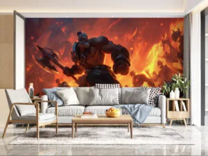 Aatrox charging forward with an axe amidst flames and chaos from League of Legends.