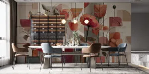 Abstract composition of floral forms and geometric shapes in vibrant colors.
