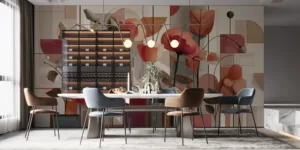 Abstract composition of floral forms and geometric shapes in vibrant colors.||
