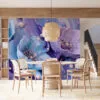 Abstract floral mural in light blue and lavender tones