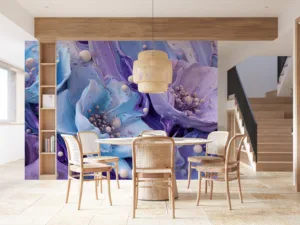 Abstract floral mural in light blue and lavender tones||