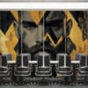 Abstract geometric design of a man's face in black and gold.||