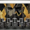Abstract geometric design of a man's face in black and gold.||