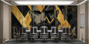 Abstract geometric design of a man's face in black and gold.||