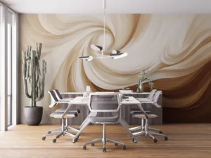 Abstract composition with swirling patterns in beige and brown shades.||