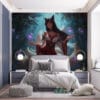 Ahri from League of Legends in a mystical forest with floating orbs.