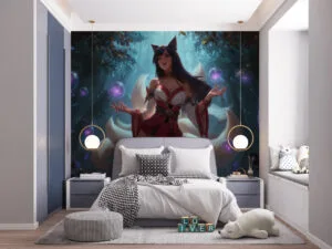 Ahri from League of Legends in a mystical forest with floating orbs.