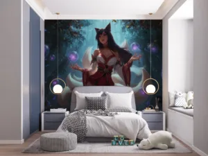 Ahri from League of Legends in a mystical forest with floating orbs.||