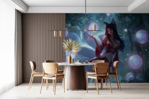 Ahri from League of Legends in a mystical forest surrounded by glowing orbs.